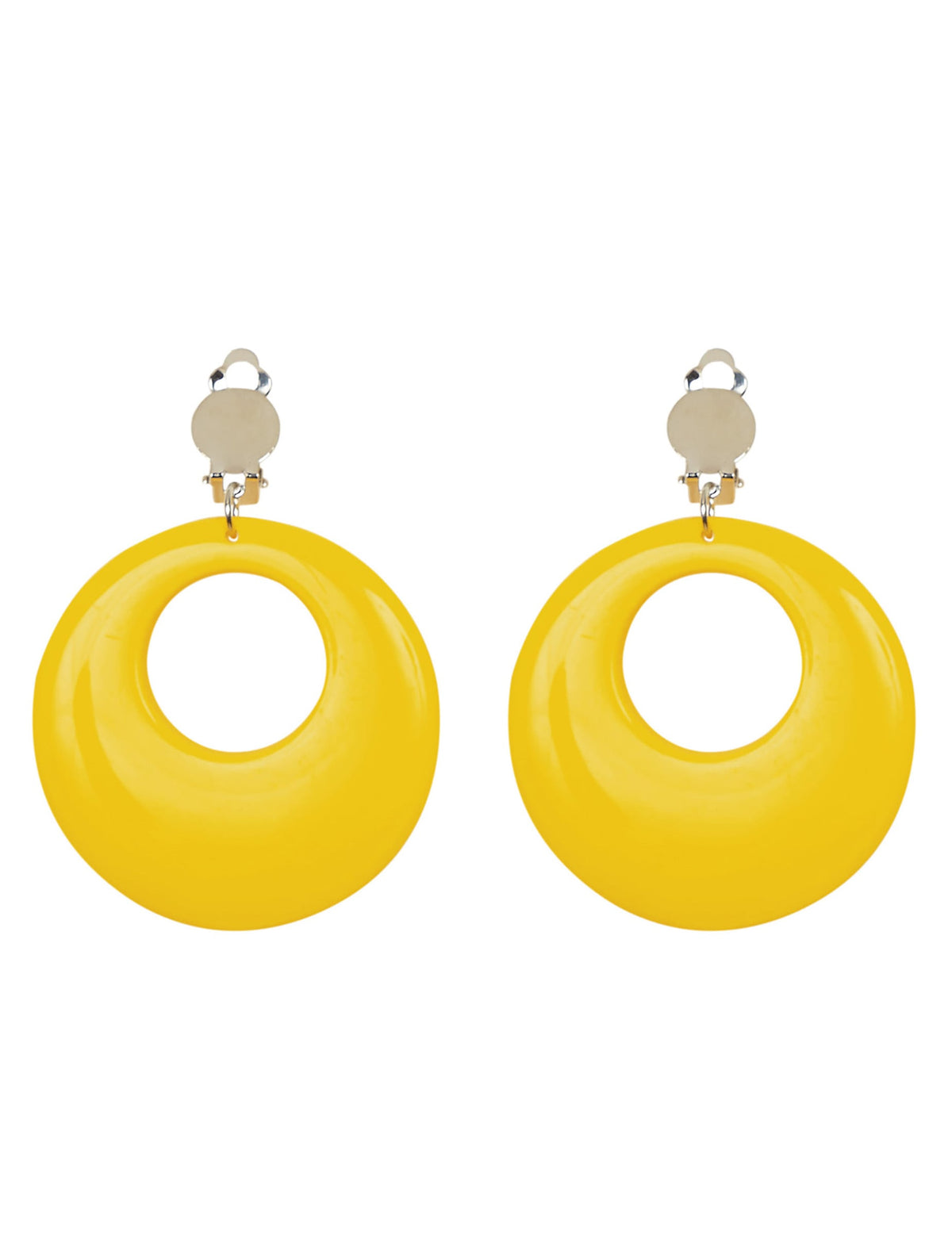 Détail du fermoir à clip des boucles d'oreilles jaune fluo pour adulte
