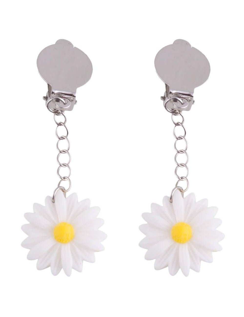 Brincos de margaridas para adulto brancos com coração amarelo e fechos de clip