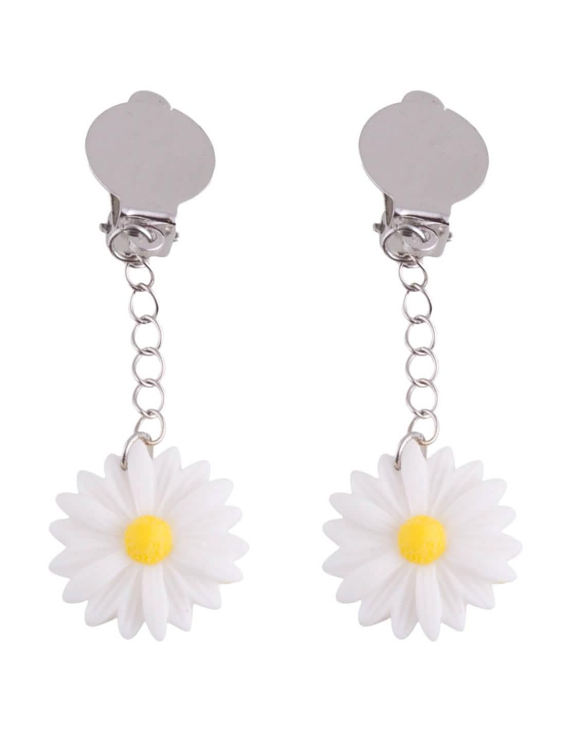 Brincos de margaridas para adulto brancos com coração amarelo e fechos de clip