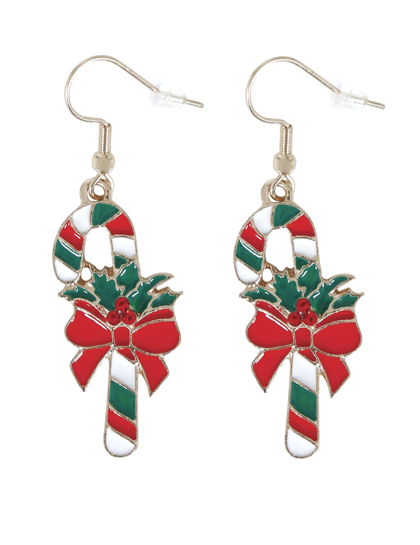 Gros plan des boucles d'oreilles métalliques canne à sucre de Noël