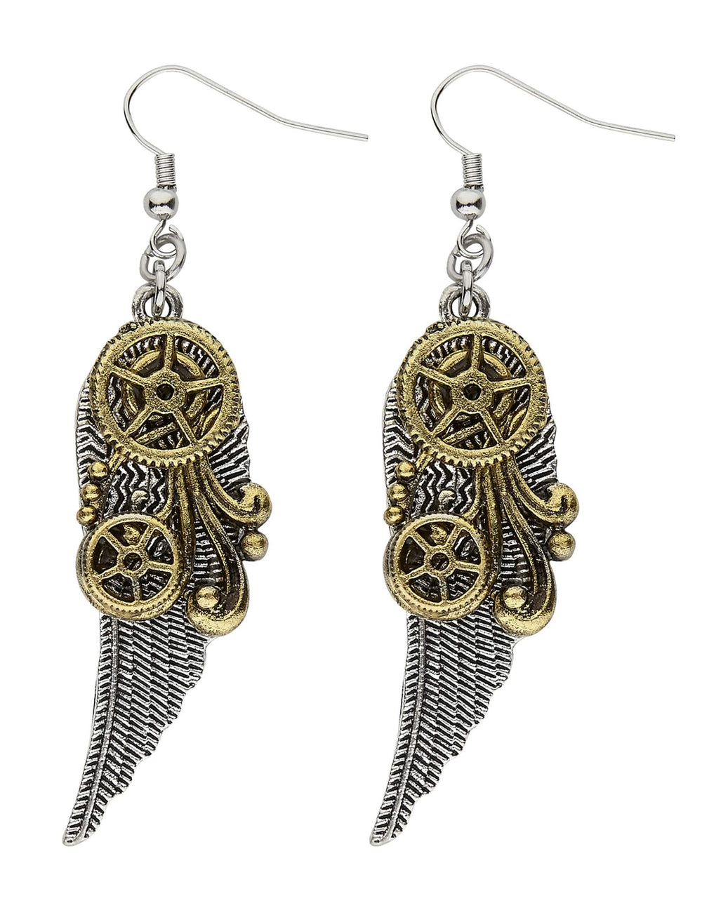 Brincos de engrenagens e penas steampunk para adulto prateados e dourados