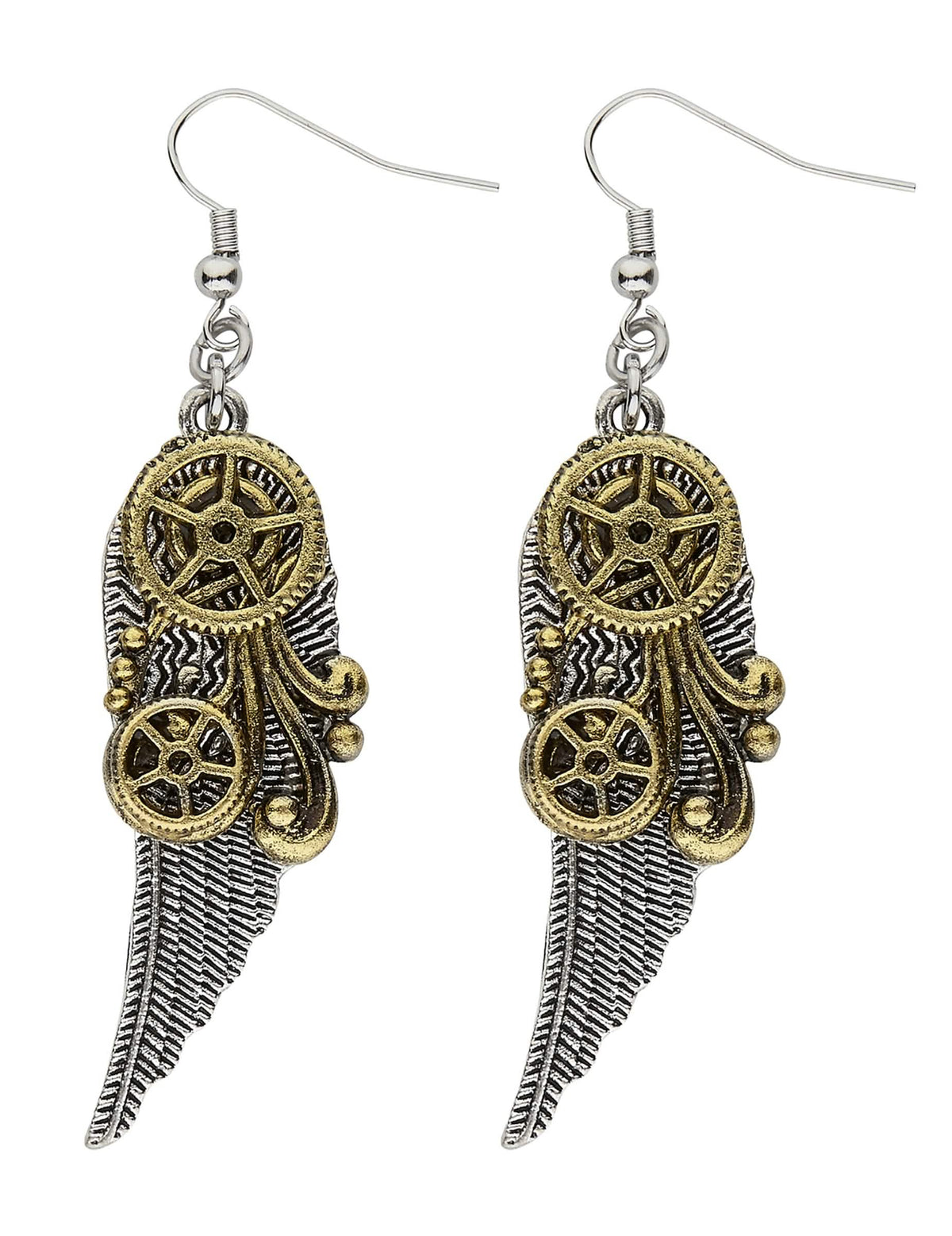 Brincos de engrenagens e penas steampunk para adulto prateados e dourados
