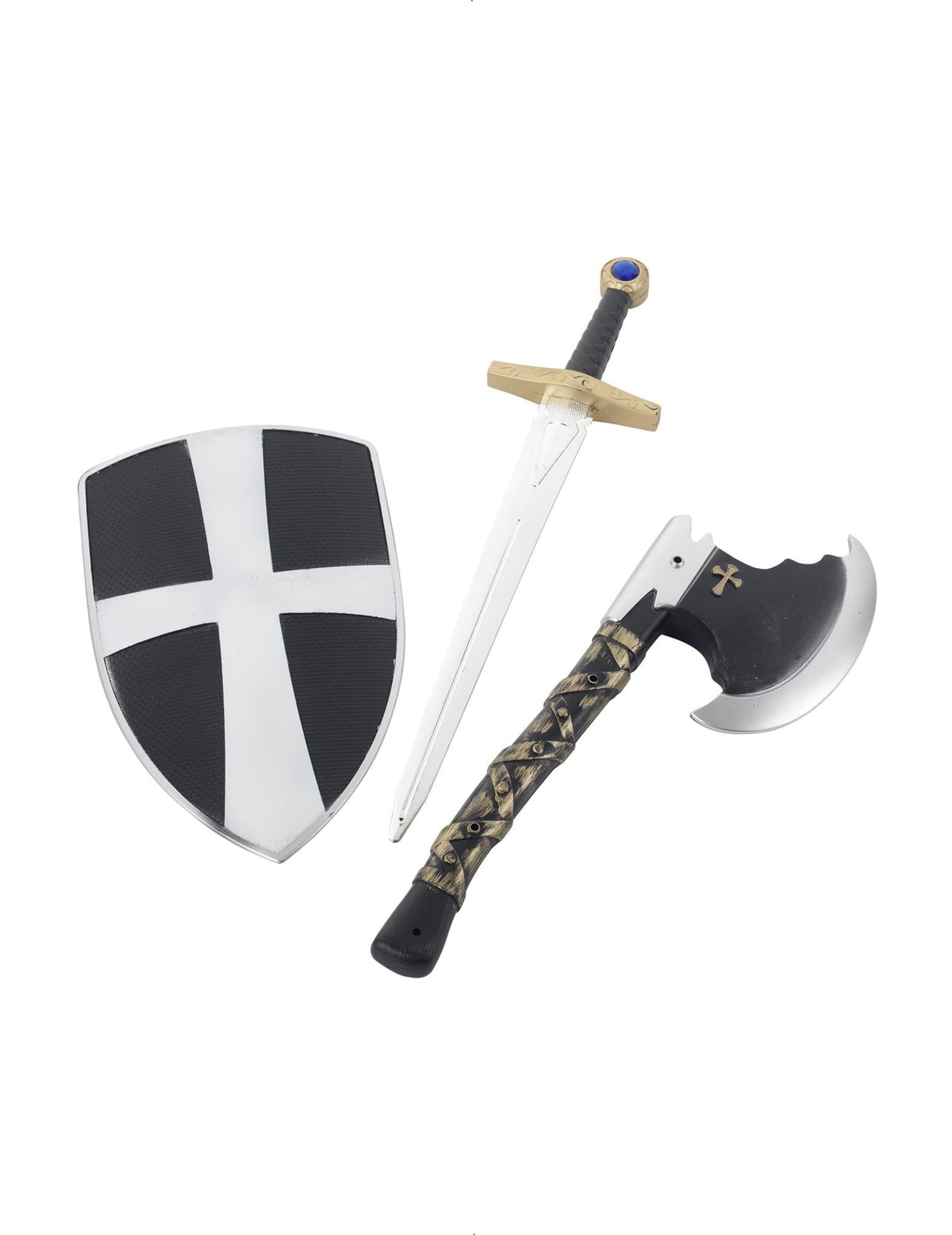 Vue d'ensemble du bouclier épée et hache de chevalier médiéval pour enfant