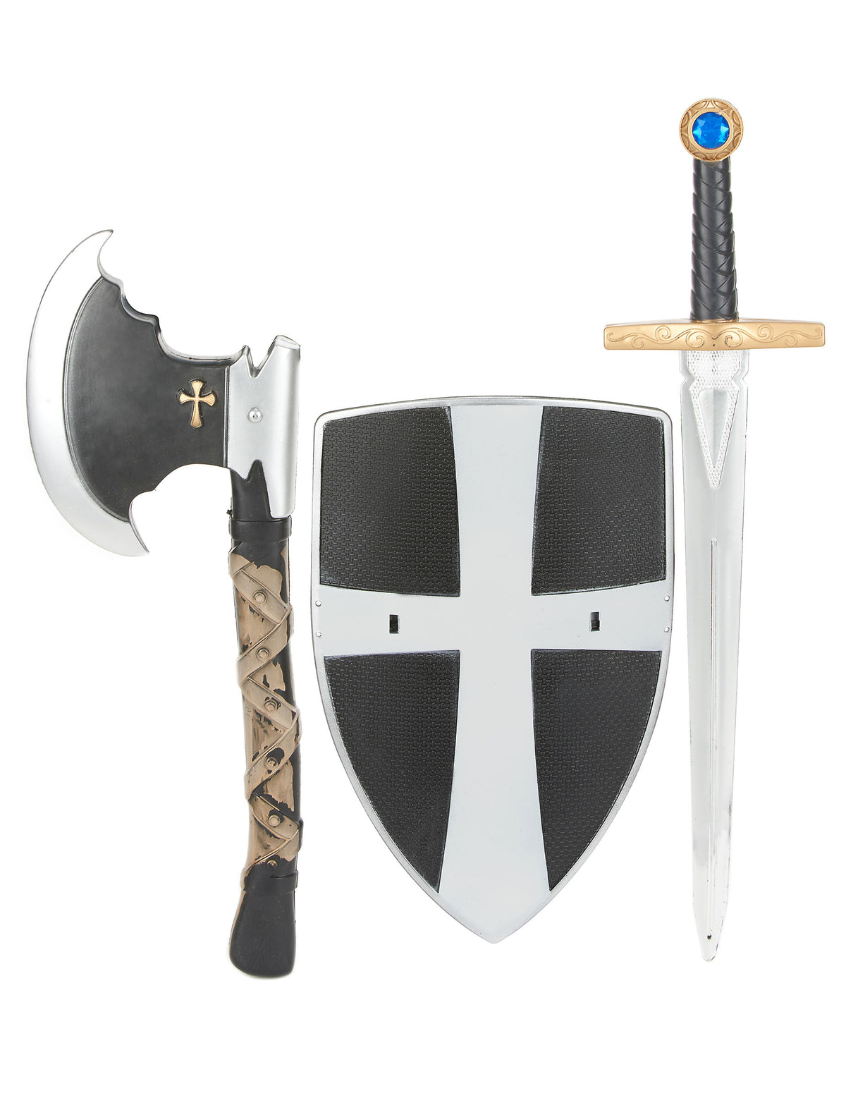 Bouclier épée et hache de chevalier médiéval pour enfant noir et argenté