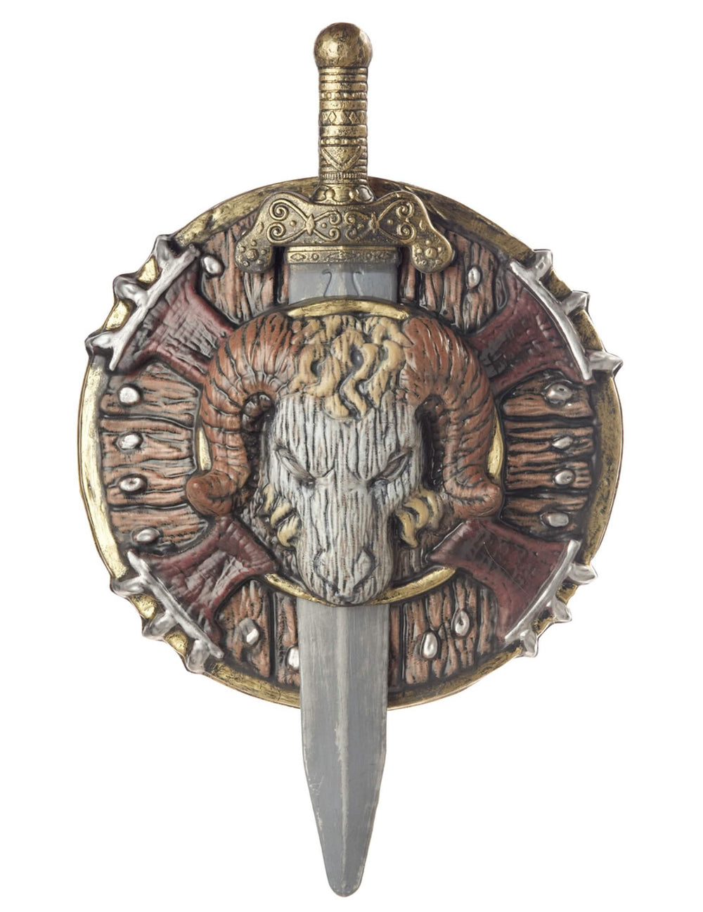 Escudo e espada bárbara em plástico castanho e cinzento com motivo de cabeça de carneiro