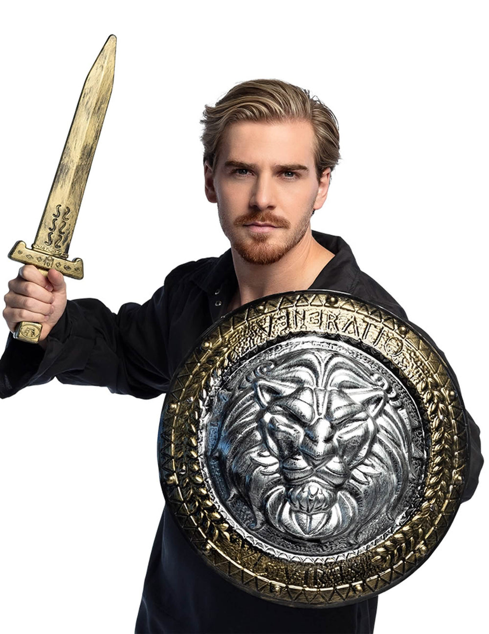 Escudo e espada de combate de gladiador para homem dourado e prateado com cabeça de leão