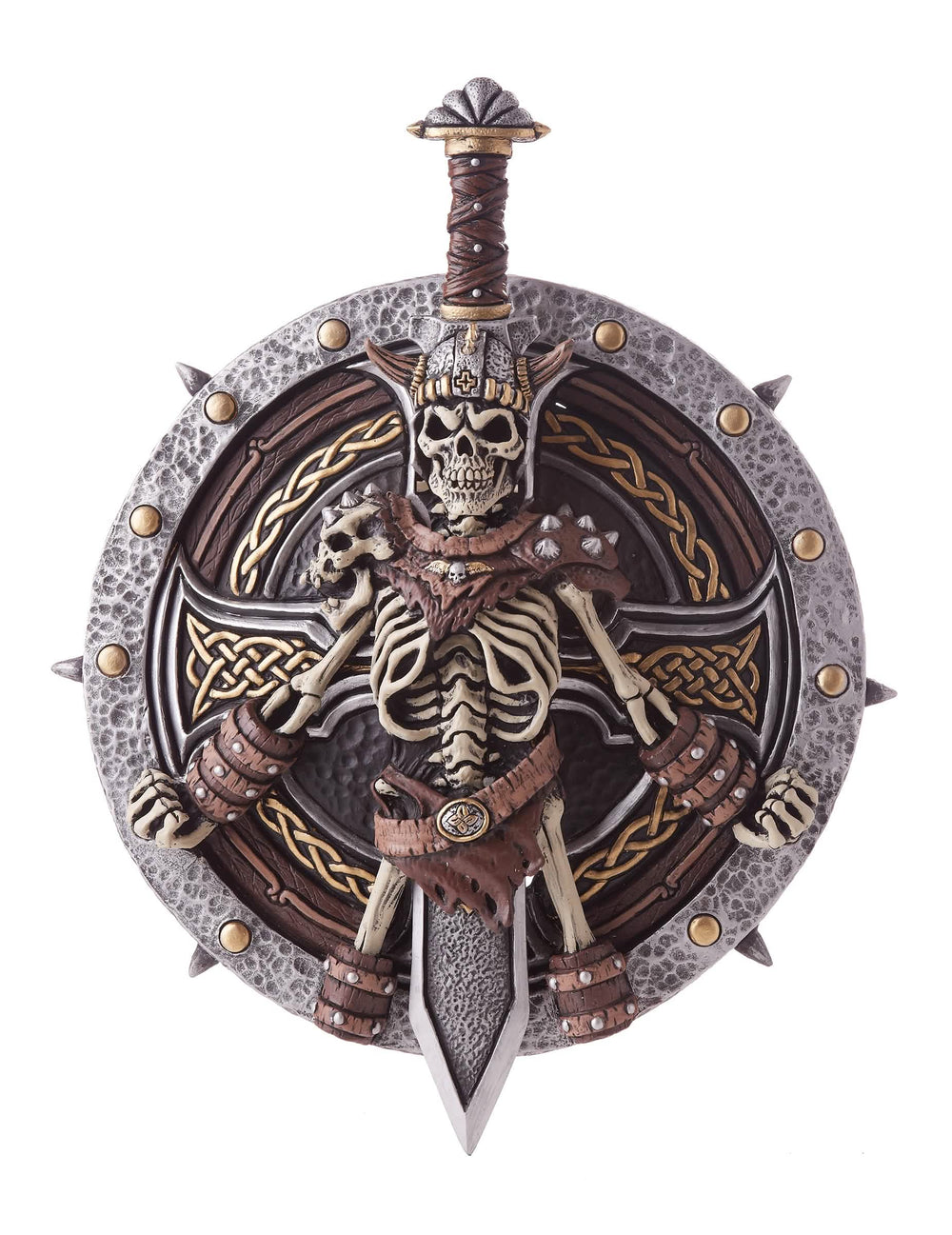 Escudo e espada vikings para adulto com esqueleto de guerreiro prateado e castanho