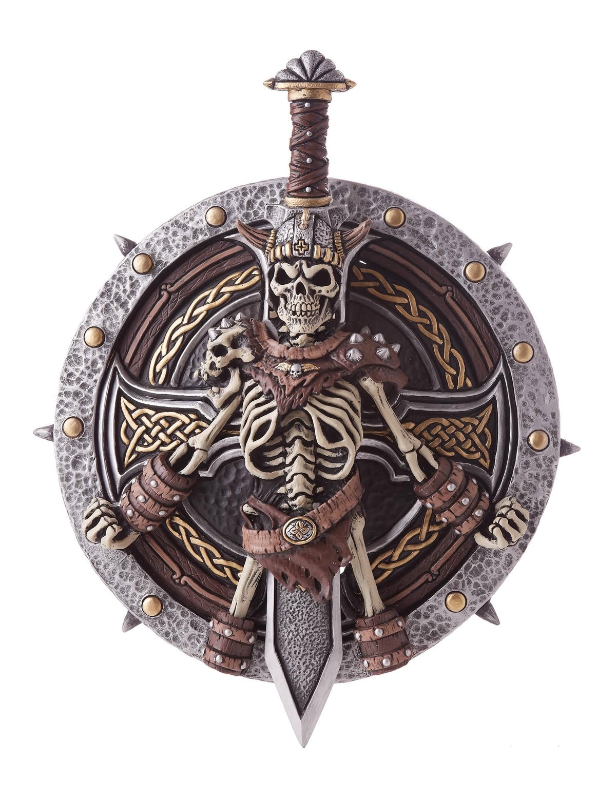 Escudo e espada vikings para adulto com esqueleto de guerreiro prateado e castanho