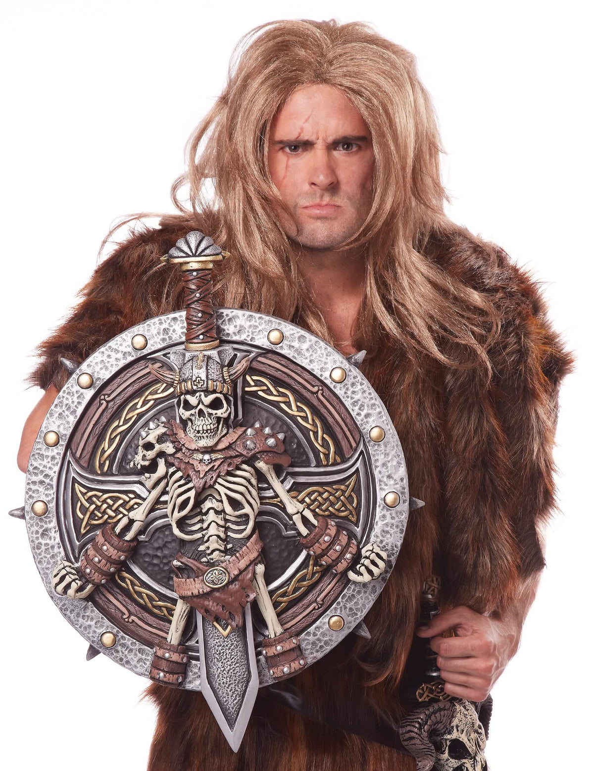 Grande plano sobre o escudo com esqueleto do escudo e espada viking para adulto