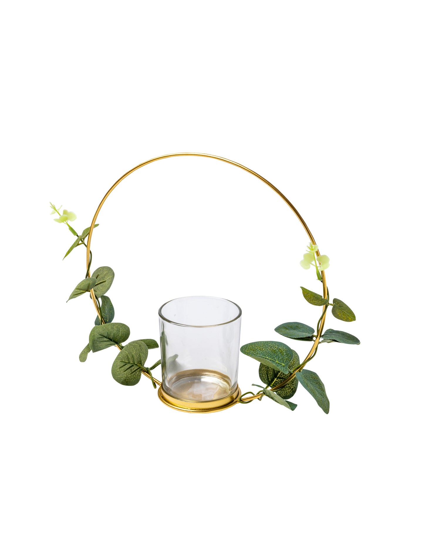 Castiçal de metal porta-velas eucalipt-pto sobre círculo dourado 22 cm para pendurar