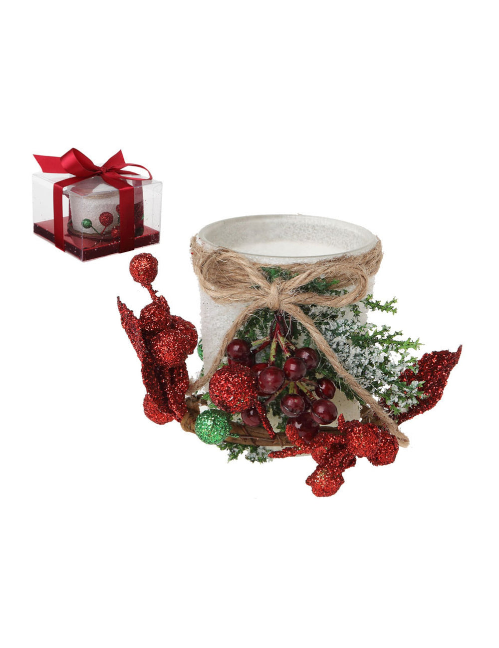 Photophore en verre baies rouges pour décoration de fête blanc et rouge avec nœud en cordelette