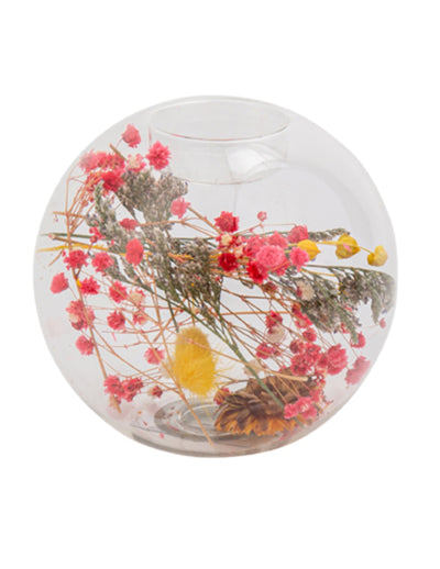 Castiçal transparente com flores secas coloridas 11 x 10,5 cm casamento rústico