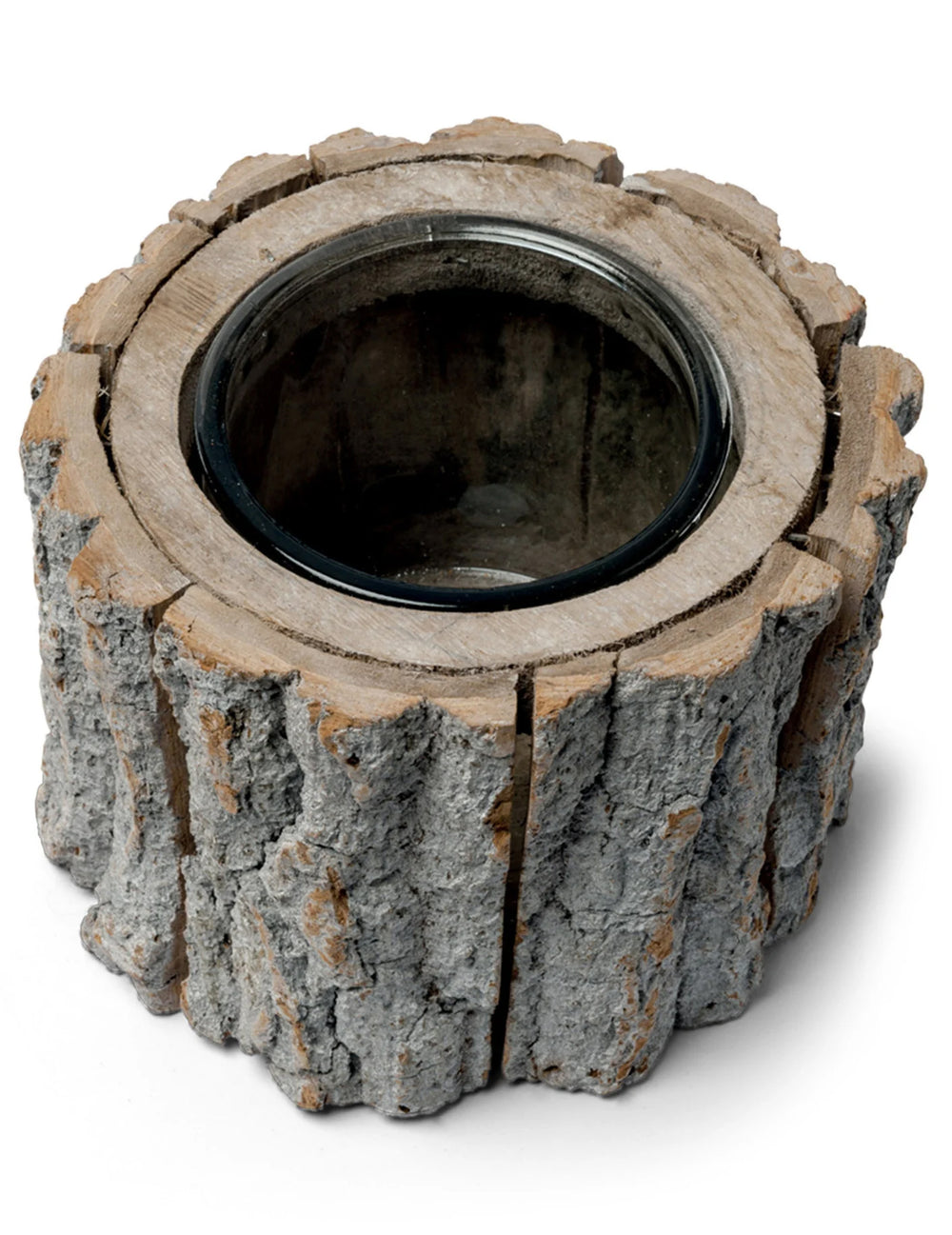 Bougeoir rondin de bois pour décoration aspect écorce naturelle marron avec verre