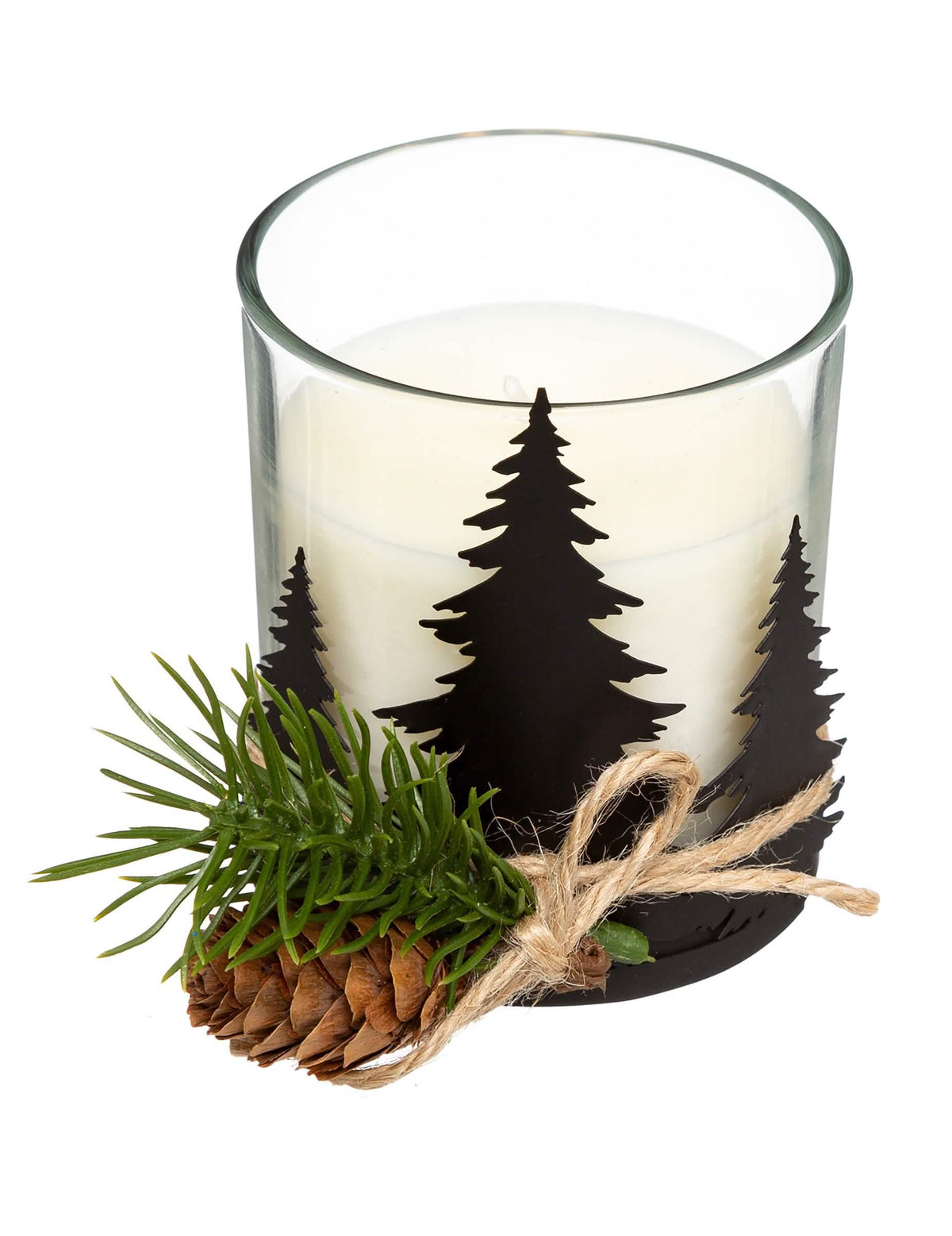 Vela de árvore de Natal e pinha para decoração branca e preta com ramo e cordel