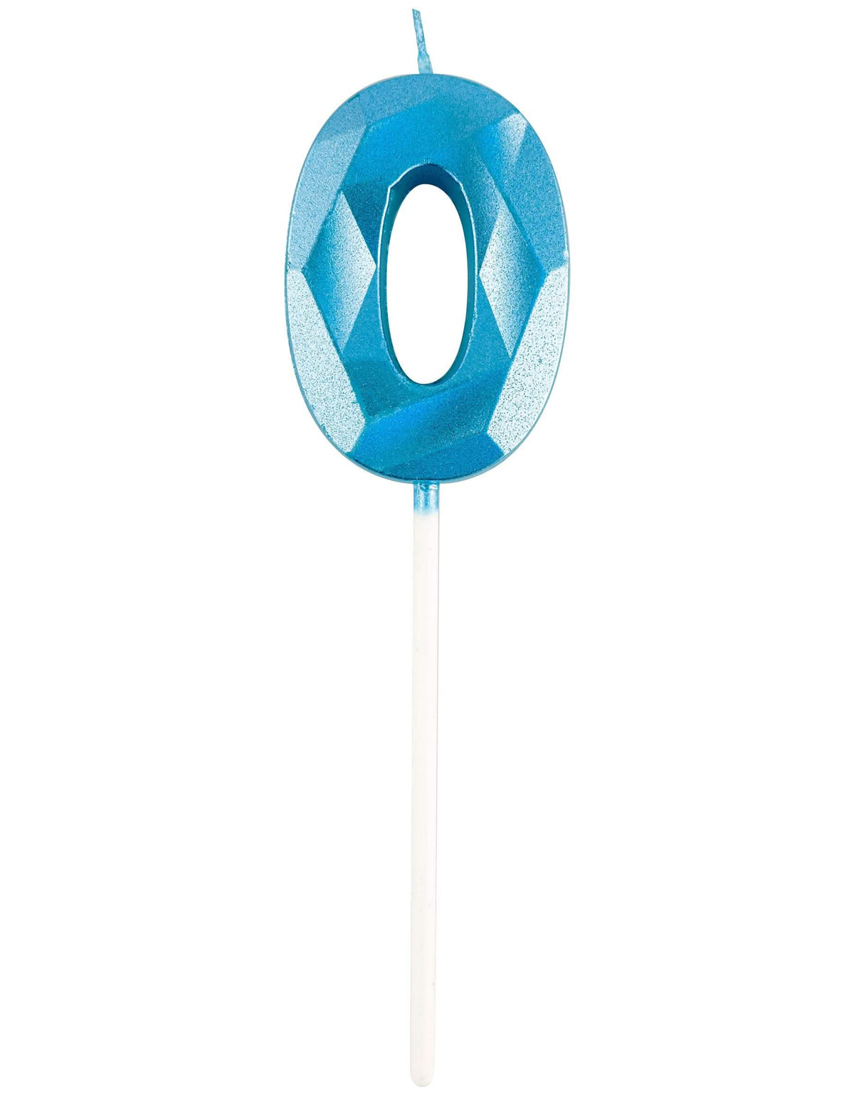 Vue de face du chiffre 0 de la bougie chiffre pour anniversaire bleue effet diamant