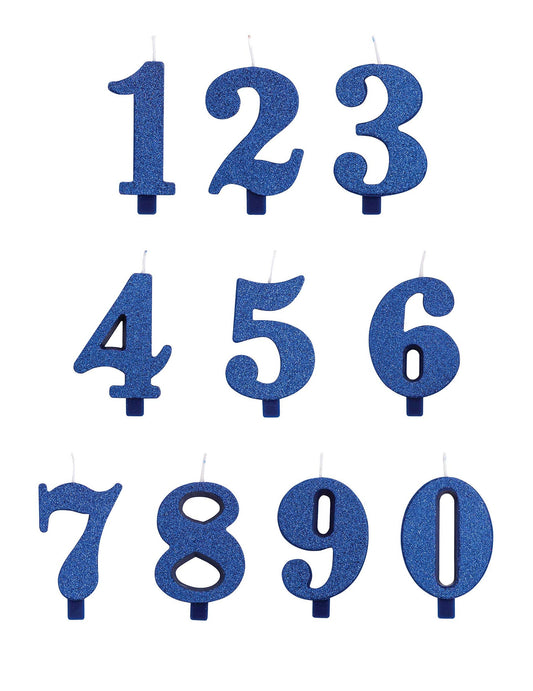 Vue d'ensemble des chiffres de 0 à 9 de la bougie anniversaire chiffre bleue pailletée