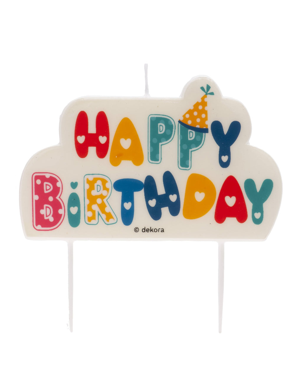 Bougie festive Happy Birthday pour gâteau multicolore à pois et cœurs