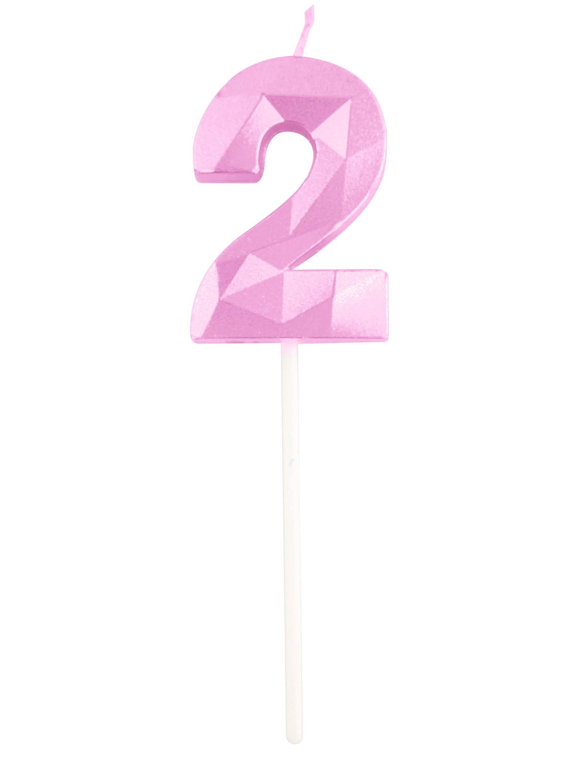 Detalhe do número 2 da vela número para aniversário cor de rosa pastel efeito diamante