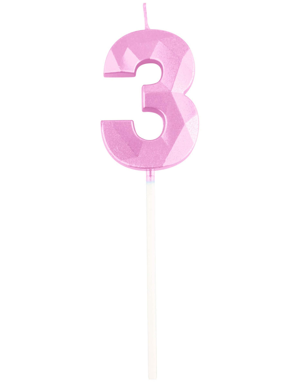 Detalhe do número 3 da vela número para aniversário cor de rosa pastel efeito diamante