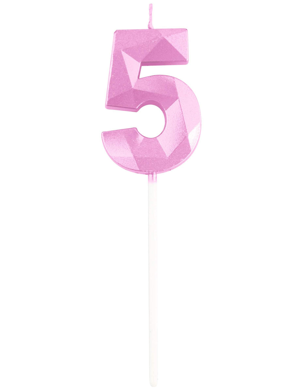 Detalhe do número 5 da vela em forma de número para aniversário cor de rosa pastel efeito diamante