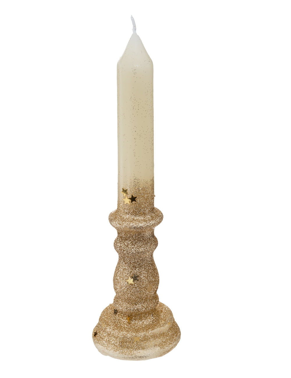 Bougie chandelle pailletée à étoiles or et blanche