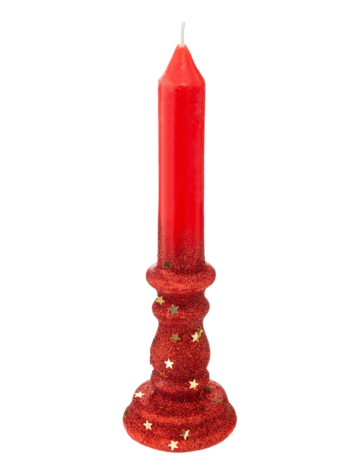 Bougie chandelle décoration de noël rouge pailletée avec étoiles dorées