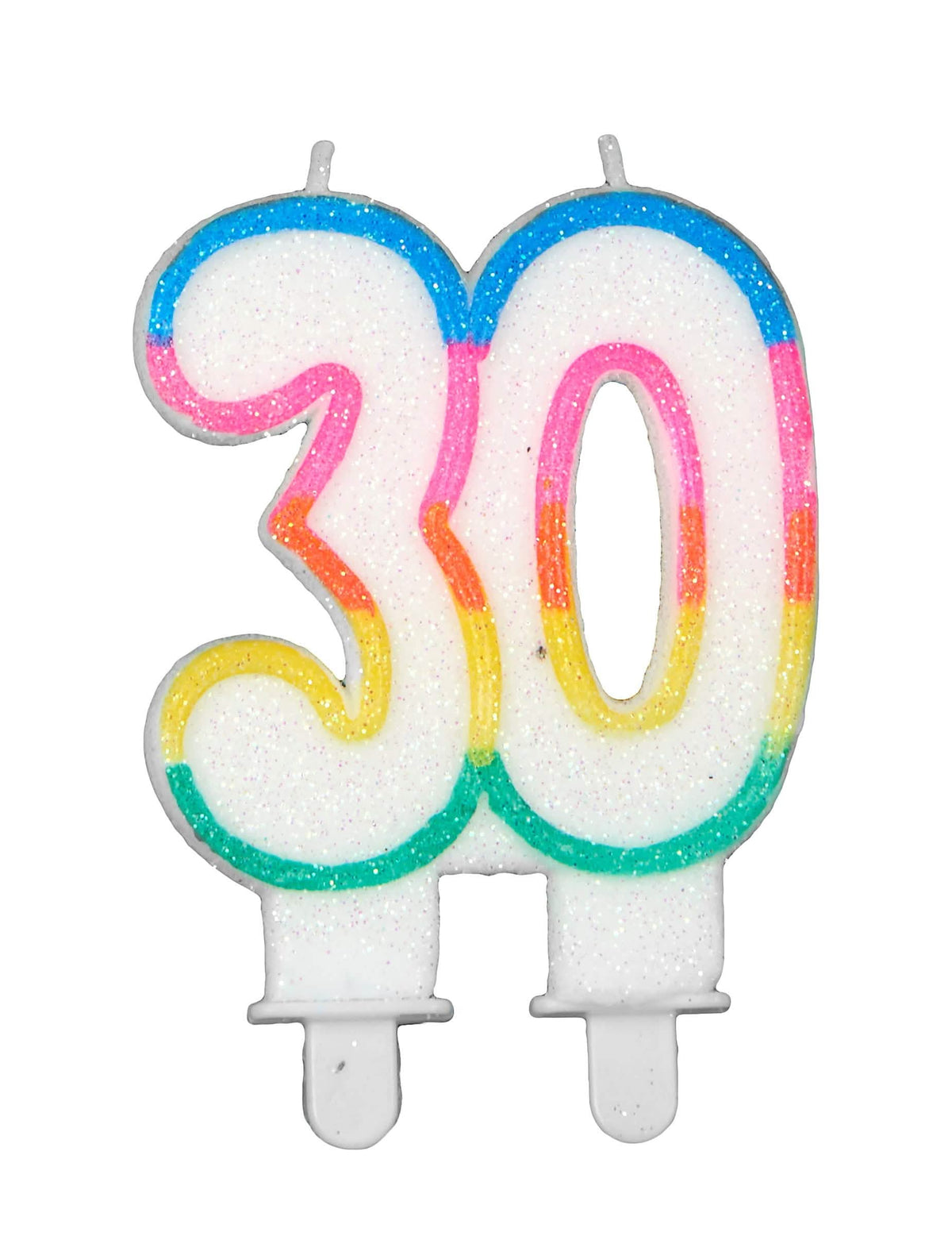 Vela de aniversário número 30 para adulto branca com purpurinas e borda arco-íris