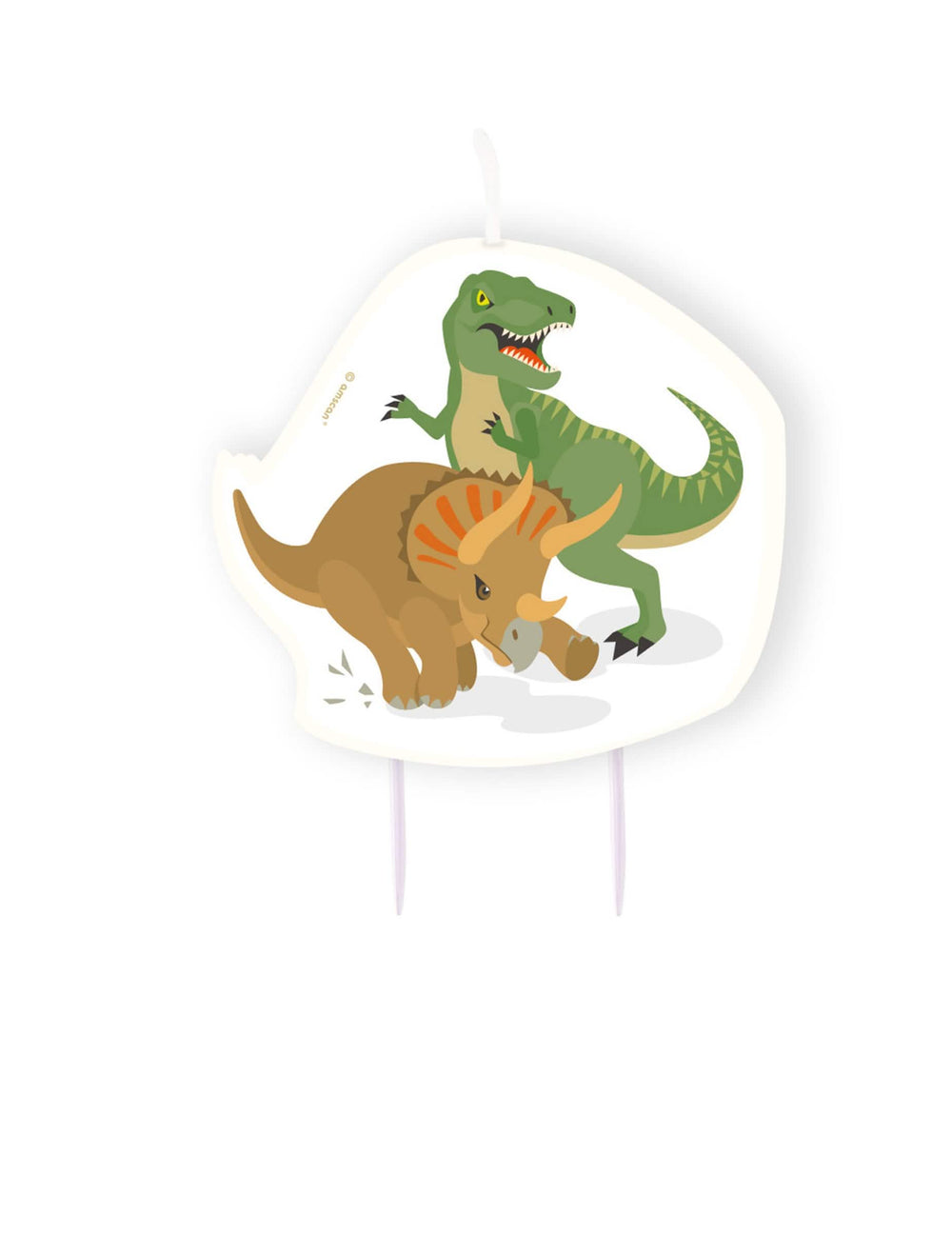 Vela de aniversário com grandes dinossauros triceratops e t-rex para criança verde e castanho