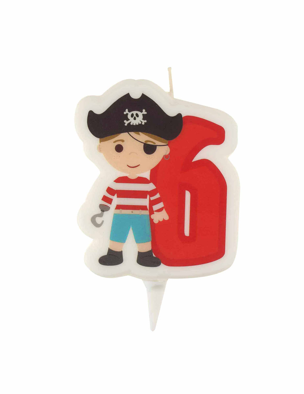 Bougie d'anniversaire pirate chiffre 6 pour enfant rouge avec pic