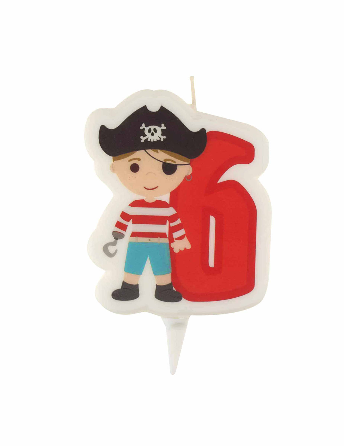 Bougie d'anniversaire pirate chiffre 6 pour enfant rouge avec pic