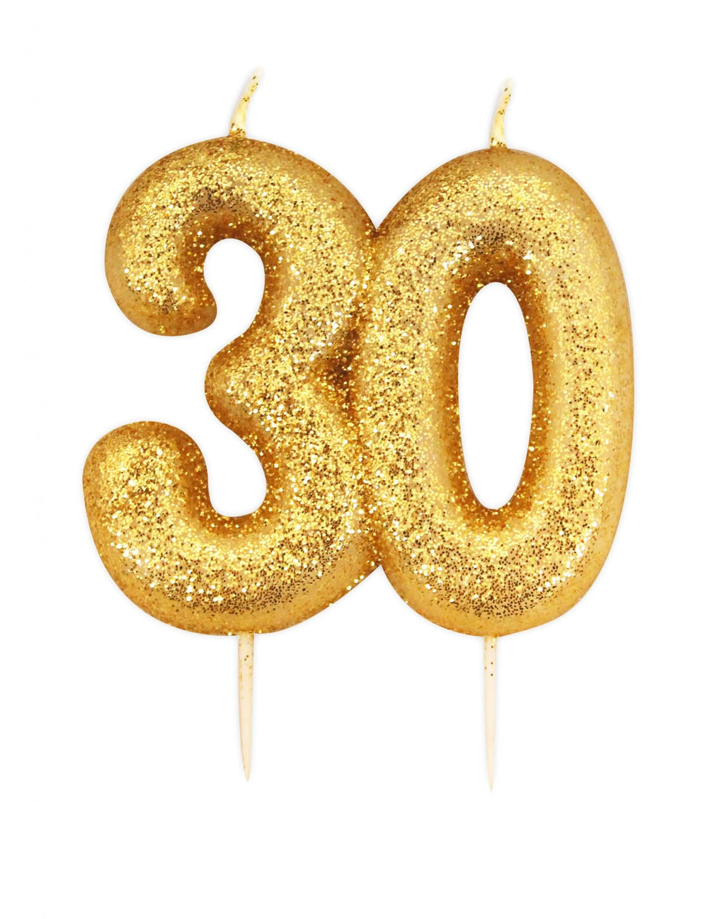 Vela de aniversário com espeto 30 anos para bolo dourado com purpurinas