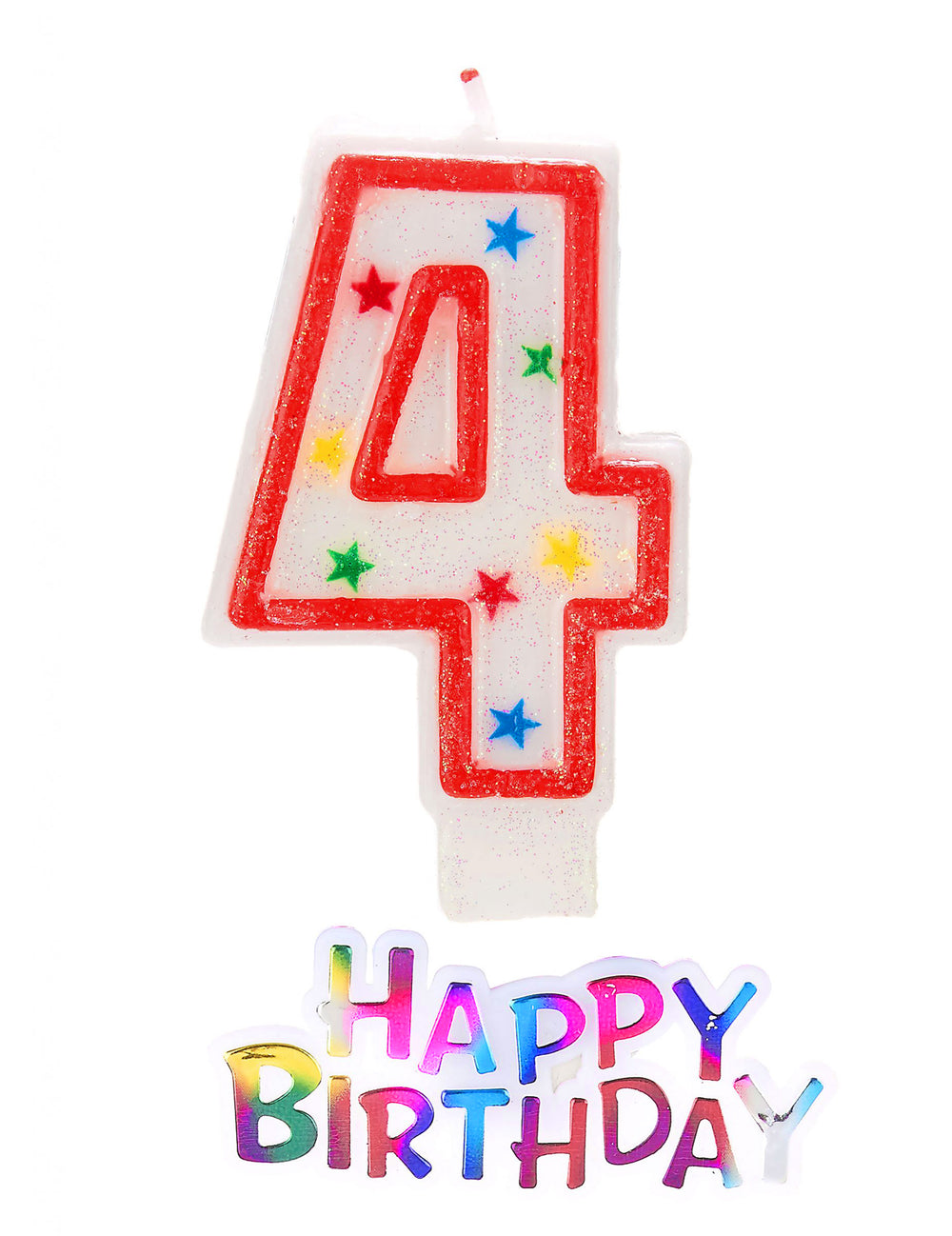 Bougie étoilée chiffre 4 pailletée happy birthday pour anniversaire blanche à bordure rouge