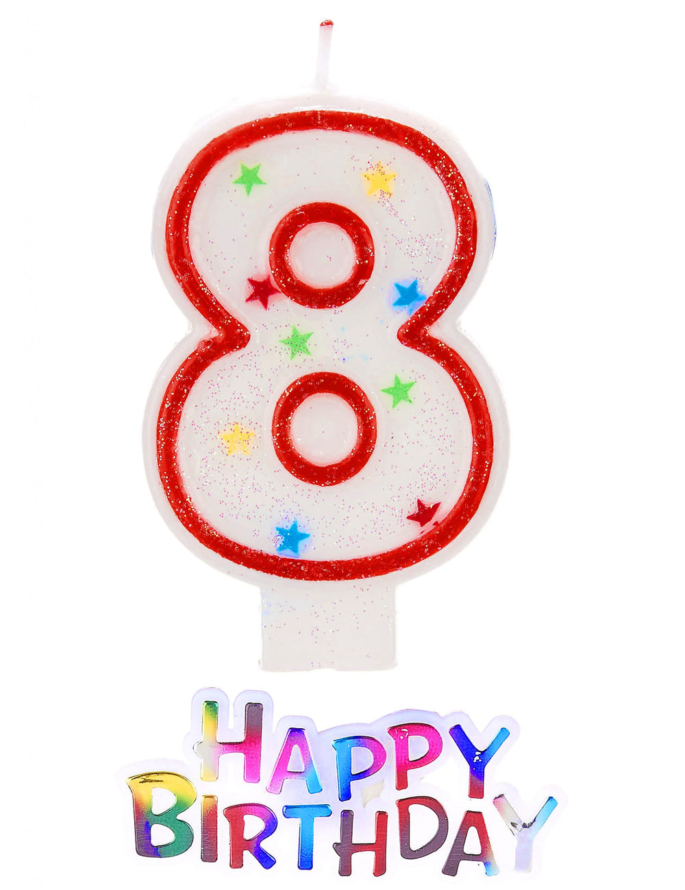 Bougie chiffre 8 étoilée pour anniversaire blanche et rouge avec paillettes et décor happy birthday