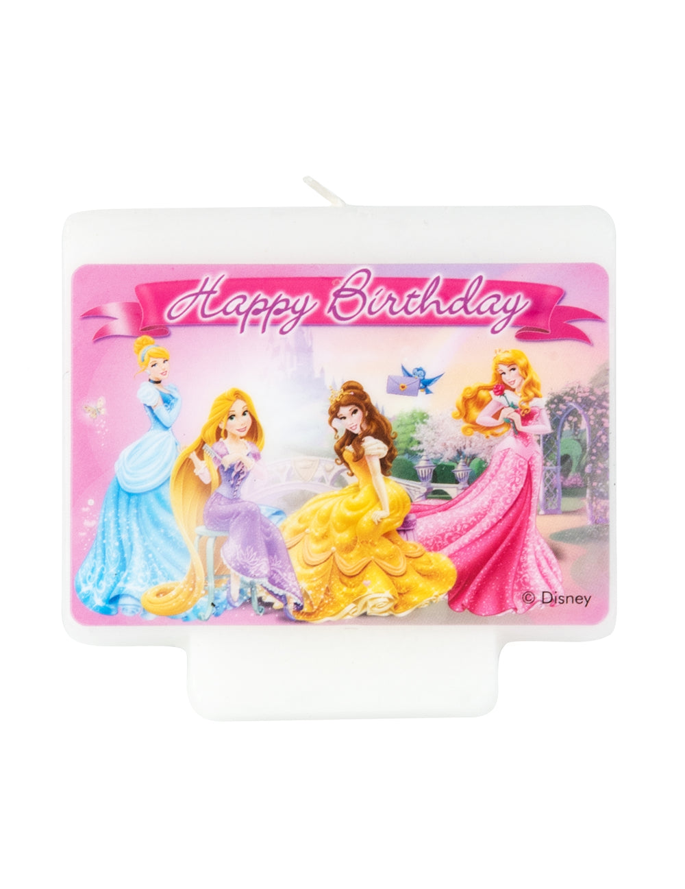 Bougie Happy Birthday Disney Princesses rose et blanche avec Belle Cendrillon Aurore et Raiponce
