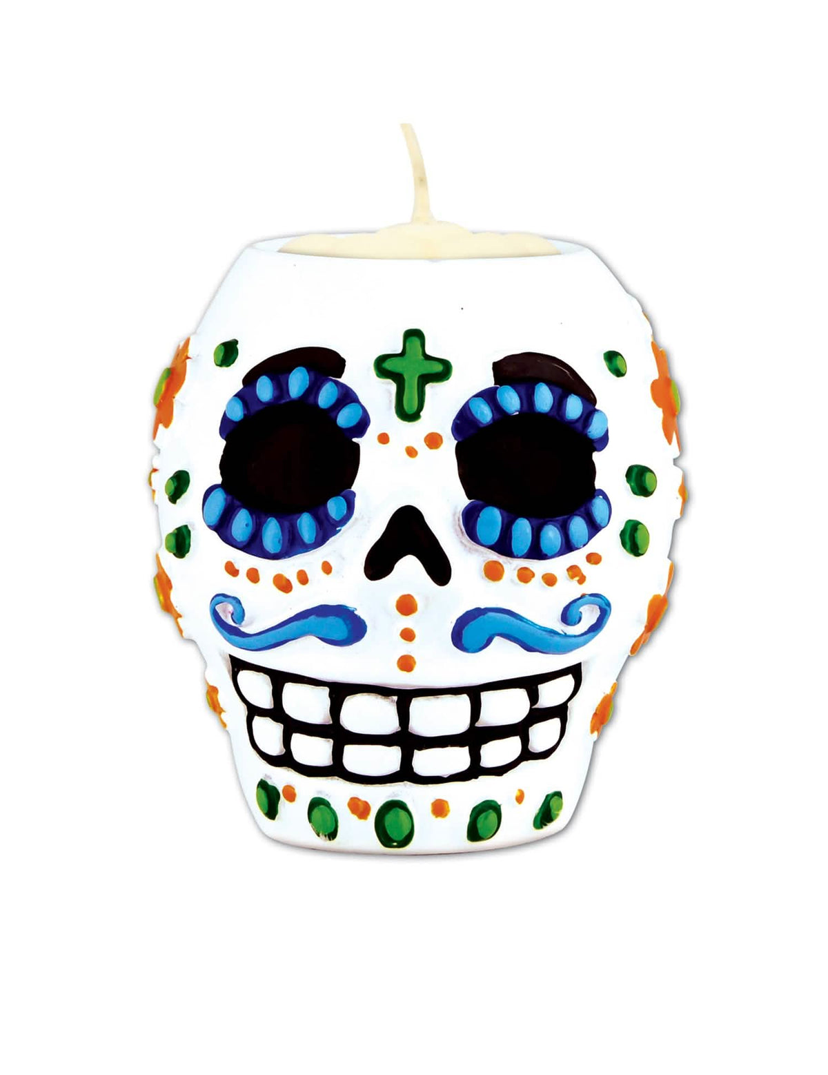 Castiçal caveira Dia de los Muertos para festa branco com motivos coloridos