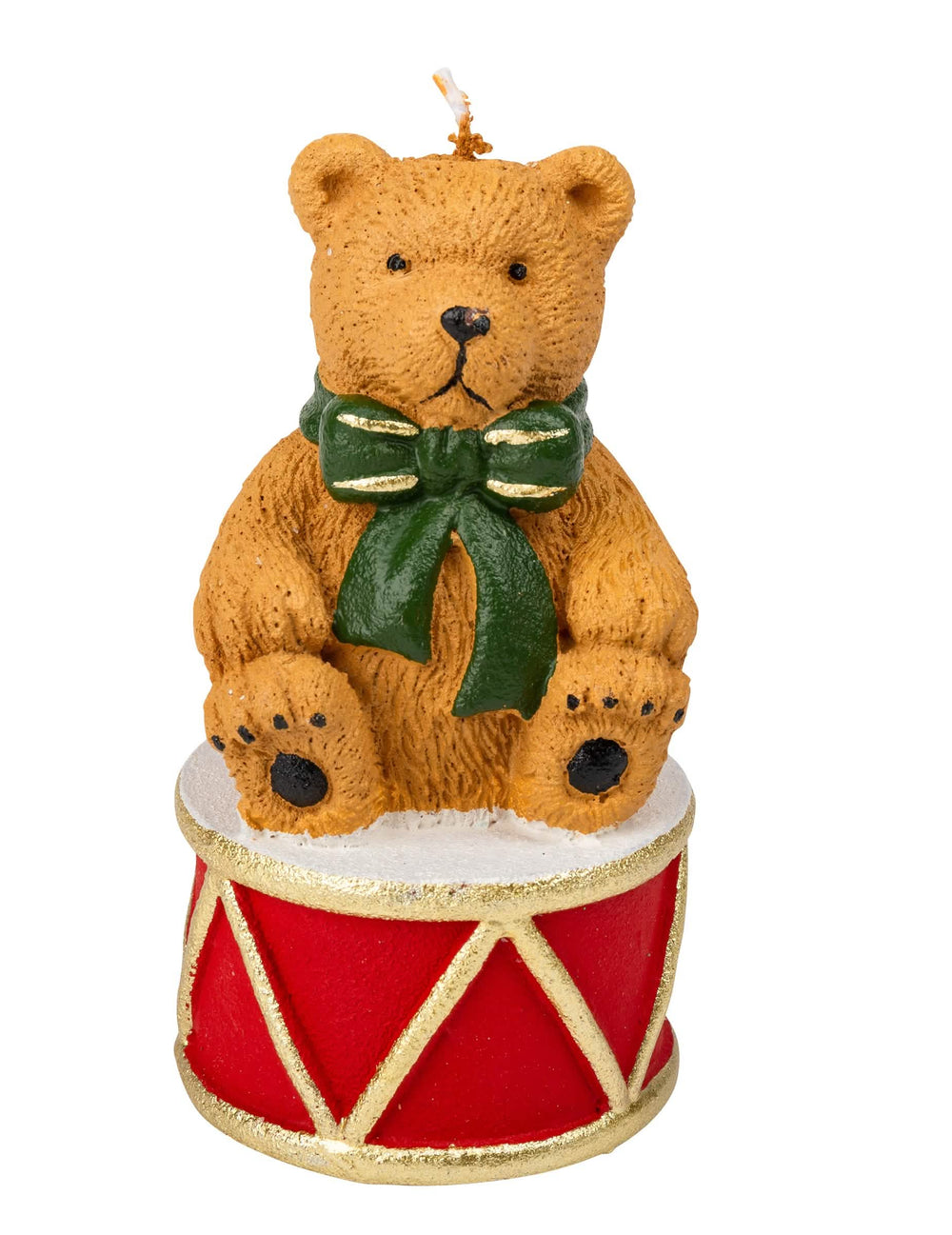 Vela ursinho no seu tambor para decoração de natal castanho com laço verde e tambor vermelho