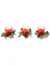 3 bougies en photophore avec sapin et baies pour décoration rouges