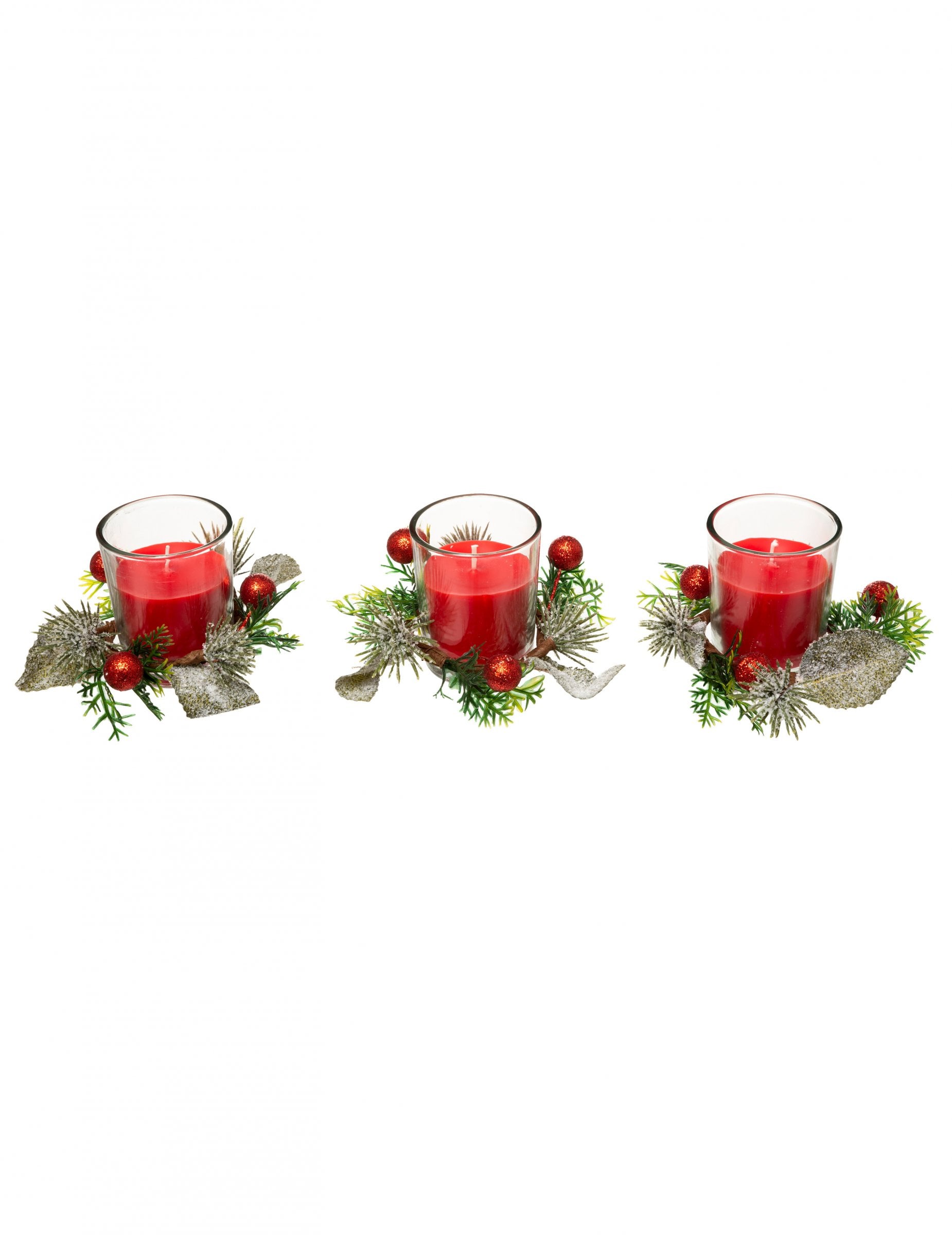 3 bougies en photophore avec sapin et baies pour décoration rouges