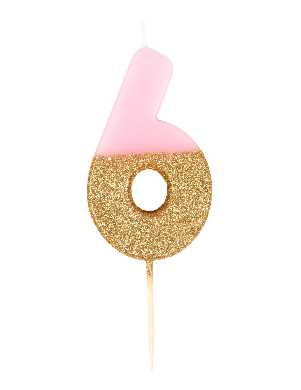 Vela sobre espeto número 6 para bolo cor de rosa e dourada com lantejoulas
