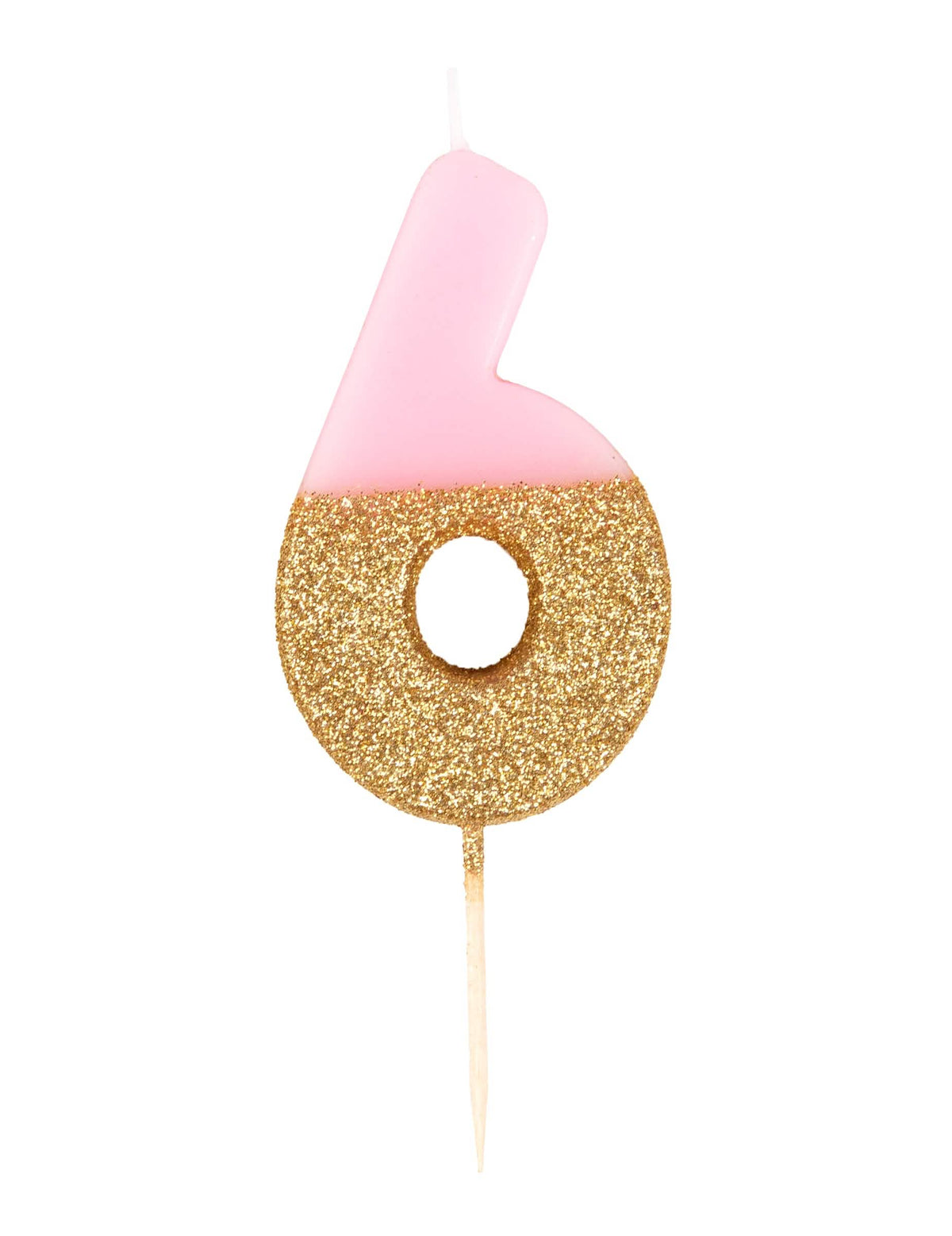 Vela sobre espeto número 6 para bolo cor de rosa e dourada com lantejoulas