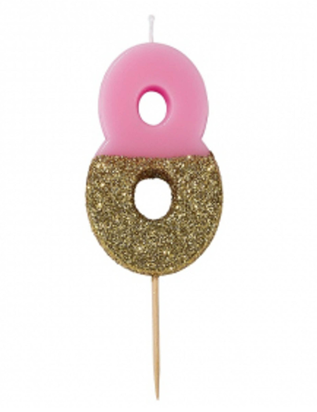 Vela em espeto número 8 para bolo de aniversário cor de rosa e dourada com purpurina