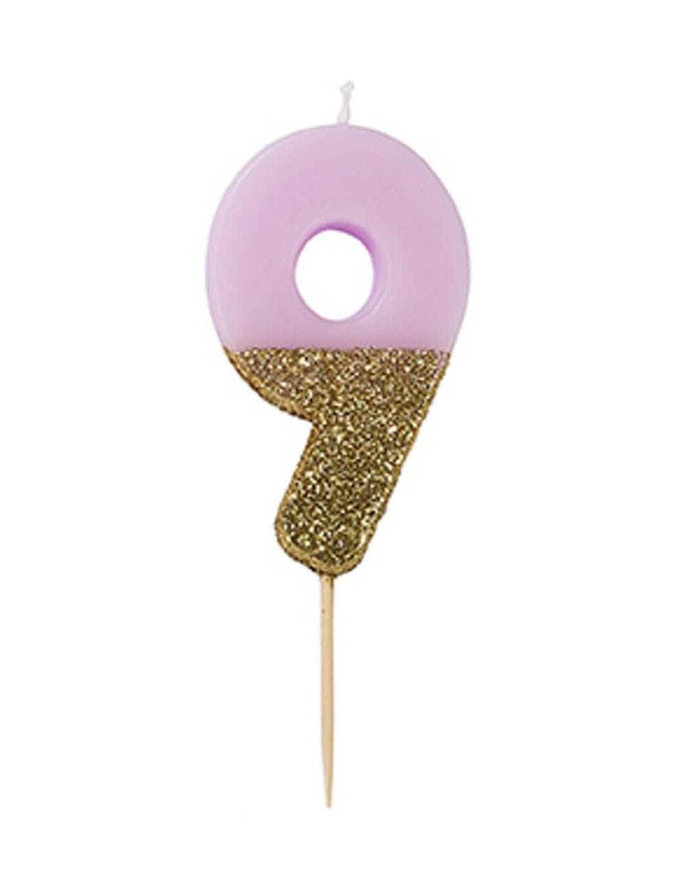 Vela em espeto número 9 para bolo de aniversário cor de rosa e dourada com brilhantes