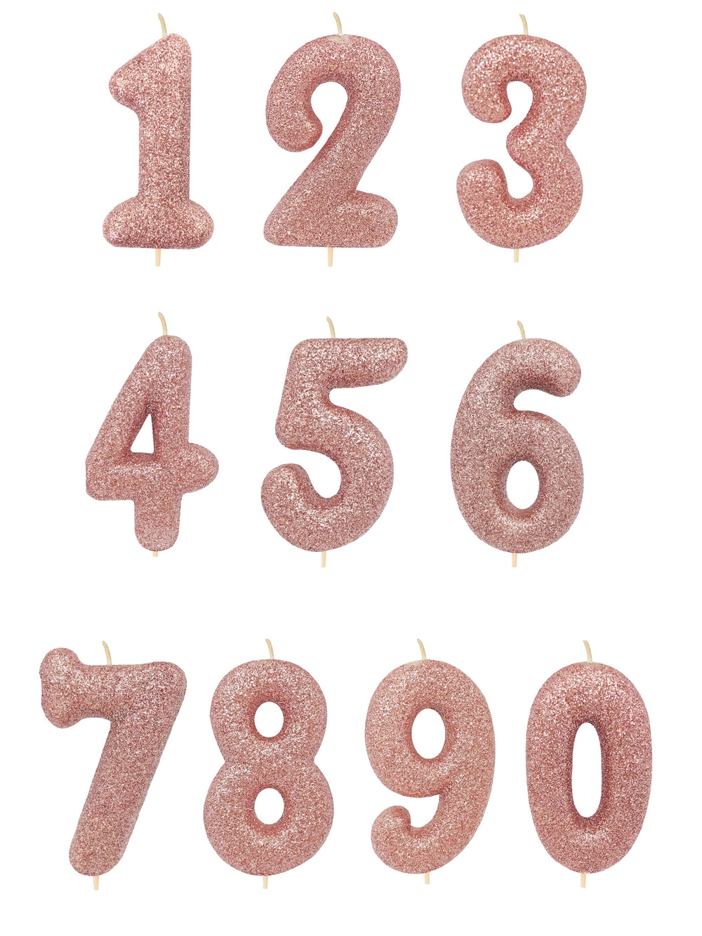 Aperçu des chiffres de 0 à 9 de la bougie sur pique chiffre pour gâteau rose gold pailletée