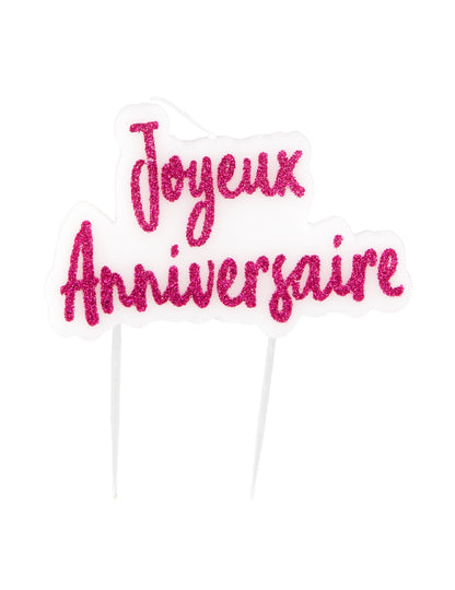 Bougie sur pique Joyeux Anniversaire pour gâteau fuschia pailletée