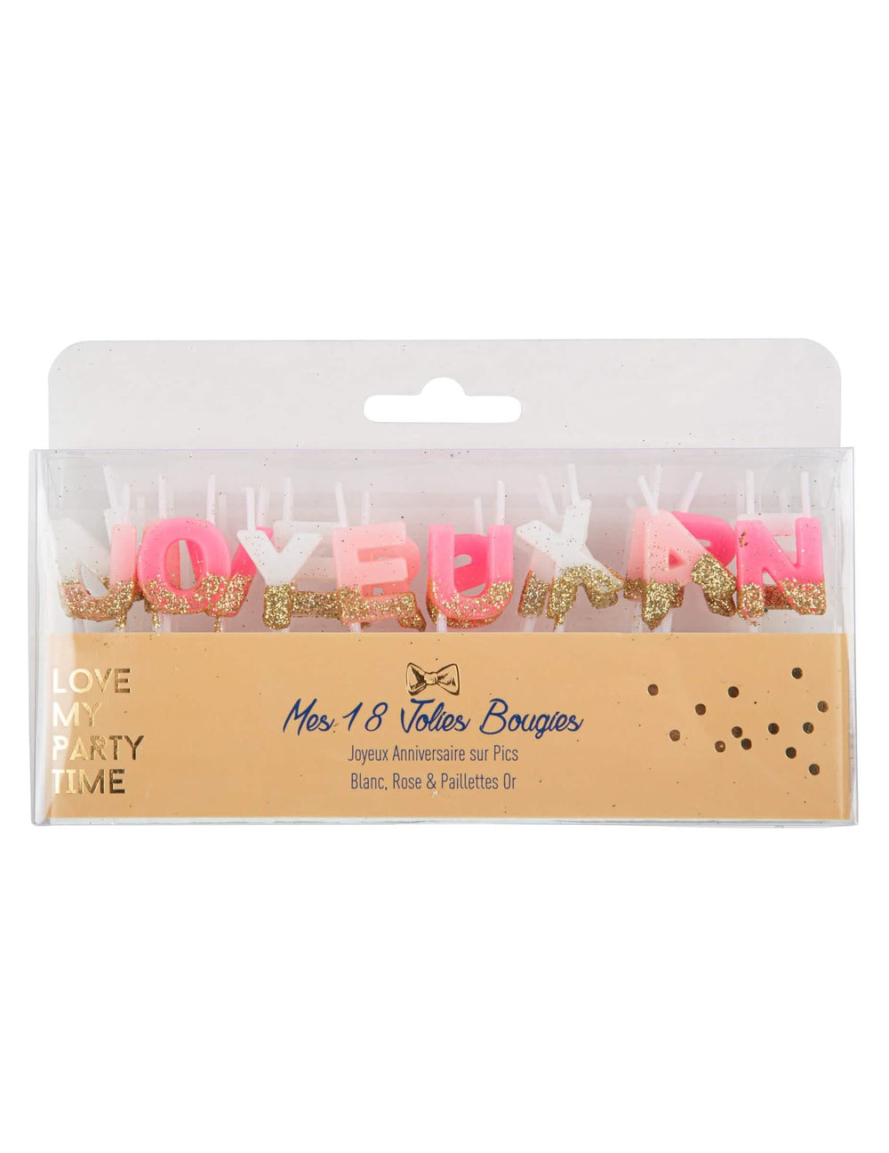 velas num espeto parabéns para festa branco cor de rosa e paillettes dourado