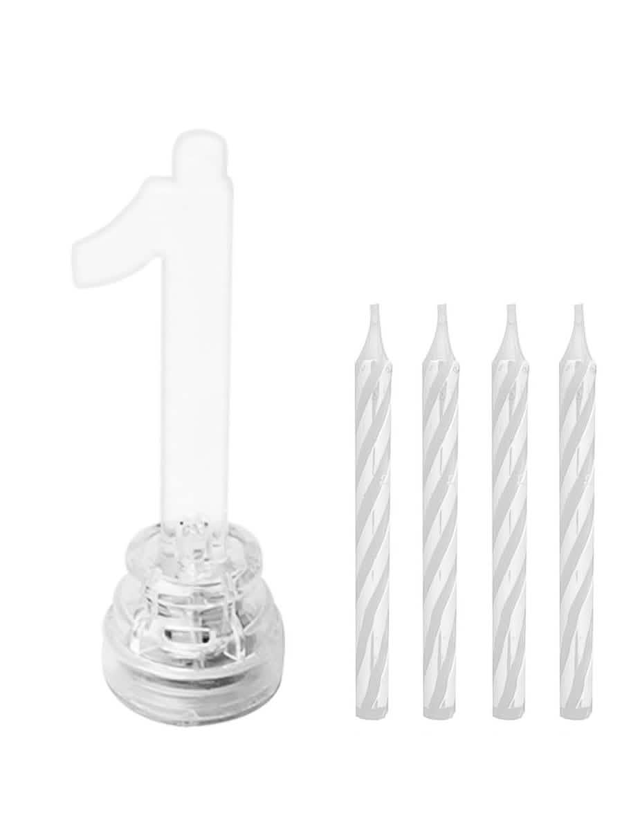 Detalhe do suporte e das velas da vela luminosa LED número 1 para aniversário