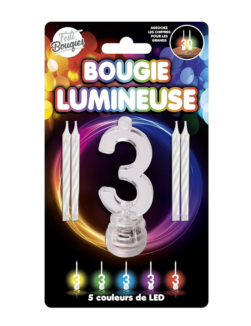 Vela luminosa LED número 3 para aniversário multicores