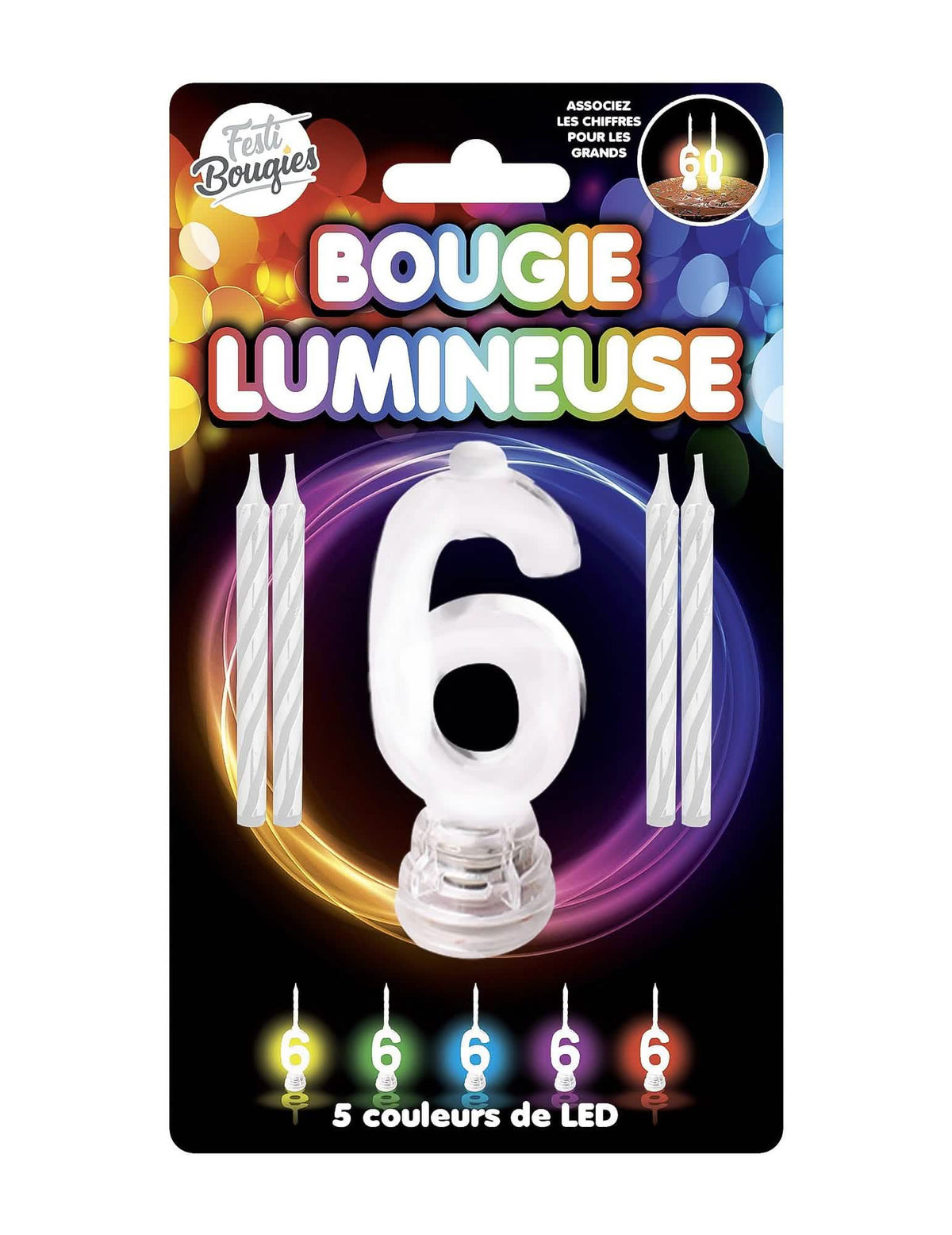 Vela luminosa LED número 6 para festa multicores com 5 variações de LED