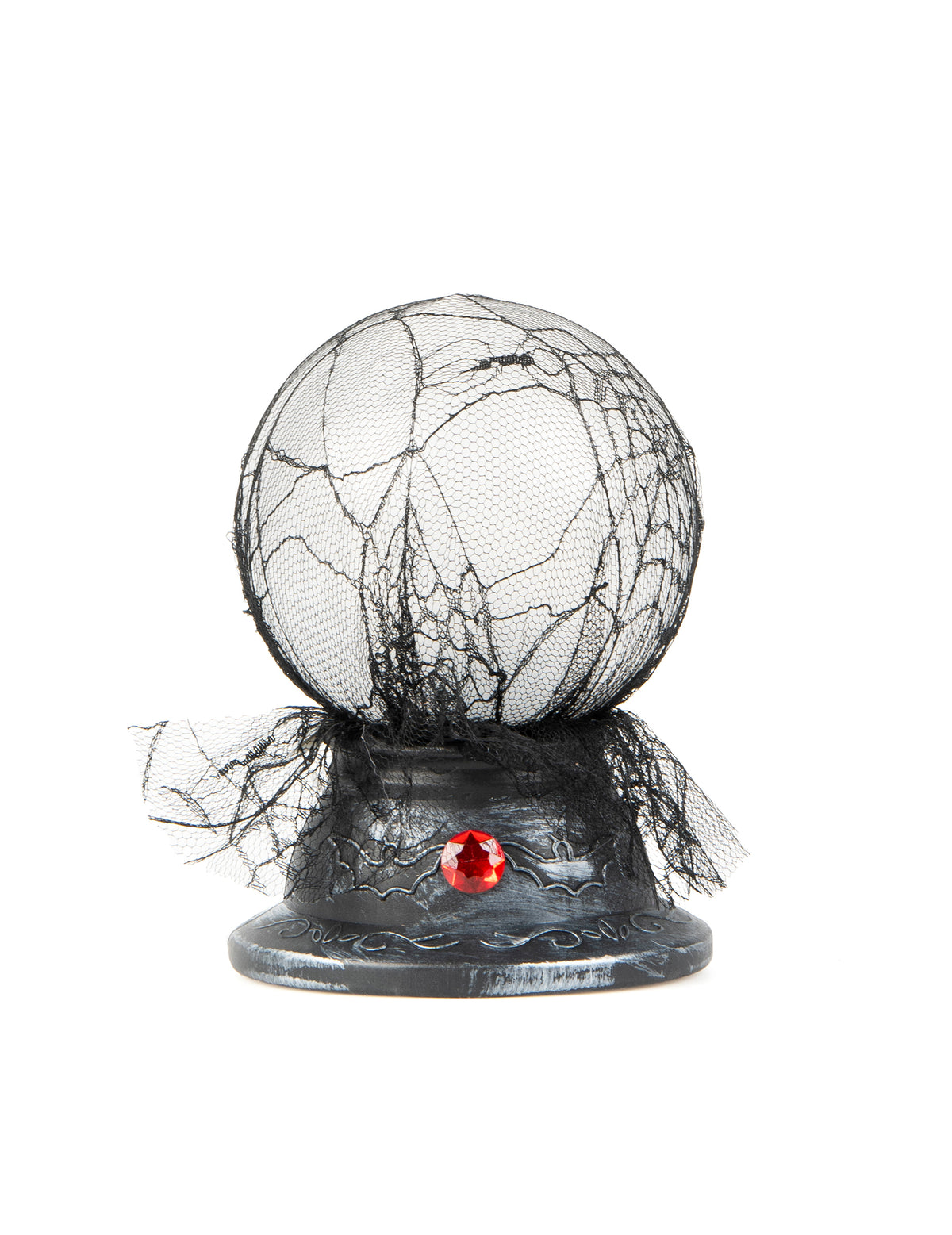 Boule de cristal lumineuse et sonore Halloween noire avec toile d'araignée et pierre rouge