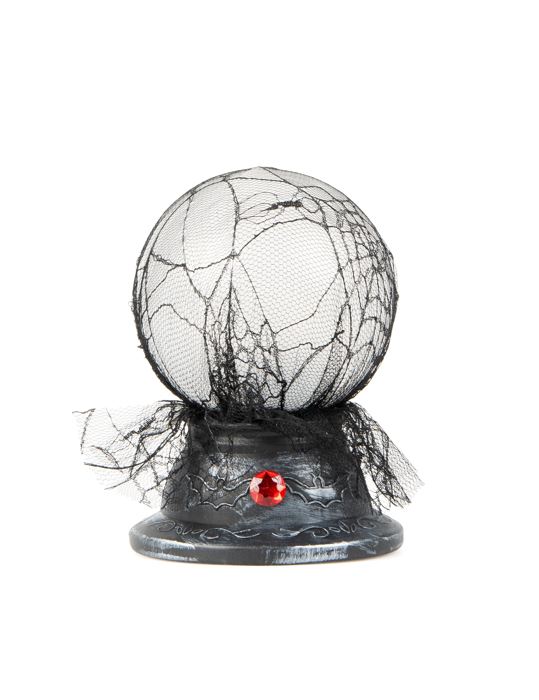 Boule de cristal lumineuse et sonore Halloween noire avec toile d'araignée et pierre rouge